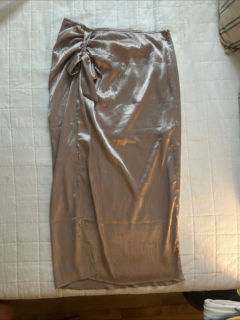 Satin-Look Ruched Midi Skirt with Side Tie – Purple